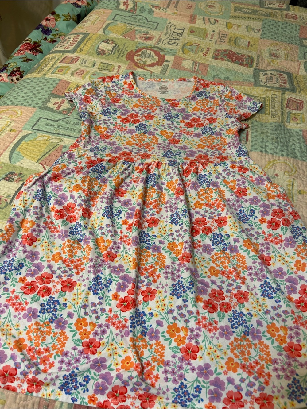 Wonder Nation Floral Short-Sleeve Dress in White, Red, Orange & Purple